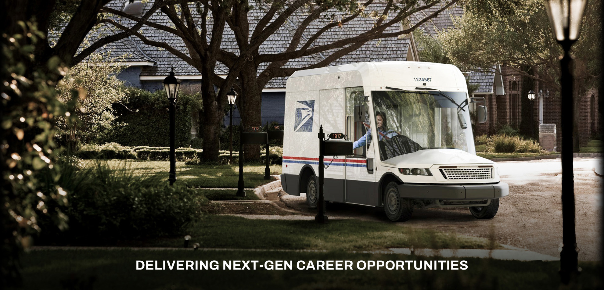 Smiling postal worker delivering mail in the Next Generation Delivery Vehicle (NGDV)